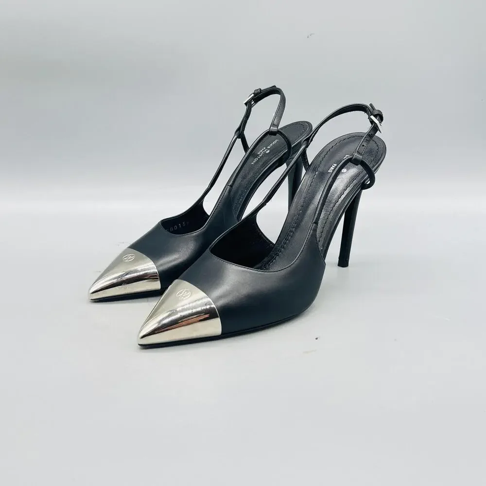Louis Vuitton Shoes Womens 6.5 Black Leather Cap Toe Slingback Stiletto Heels - Picture 3 of 12